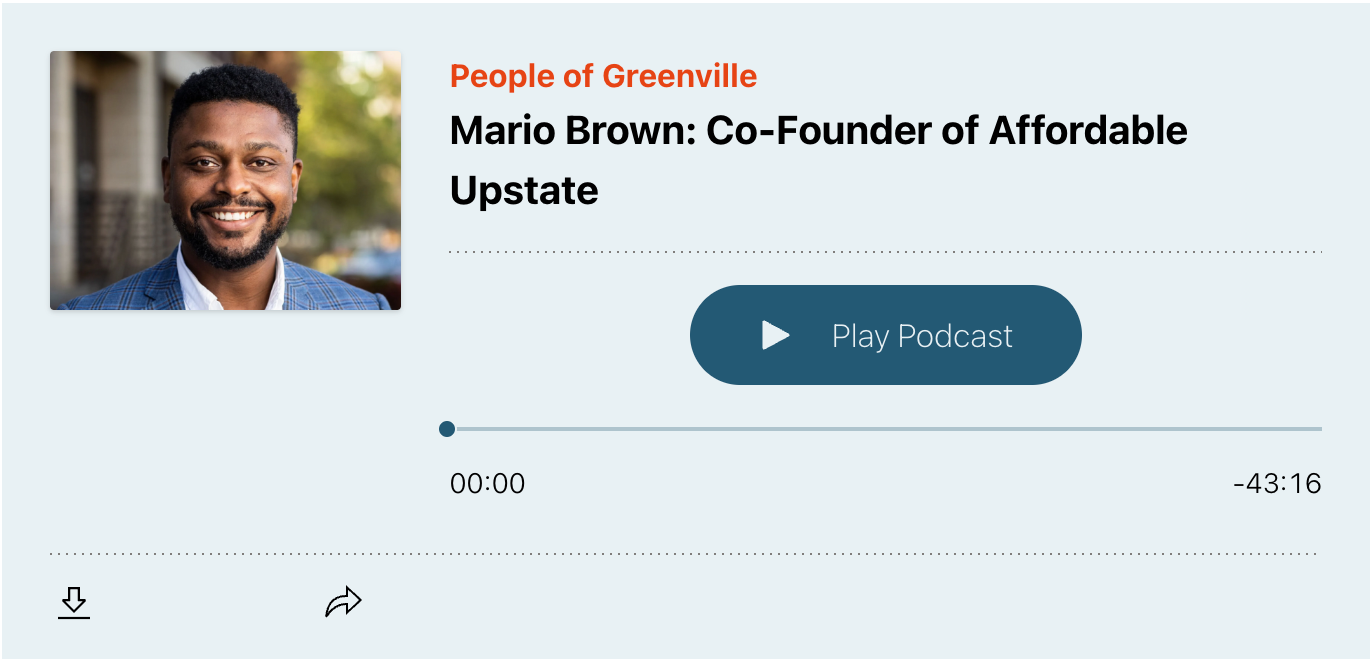 Profile card for Mario Brown, co-founder of AffordAble Upstate, with a play button and audio timeline