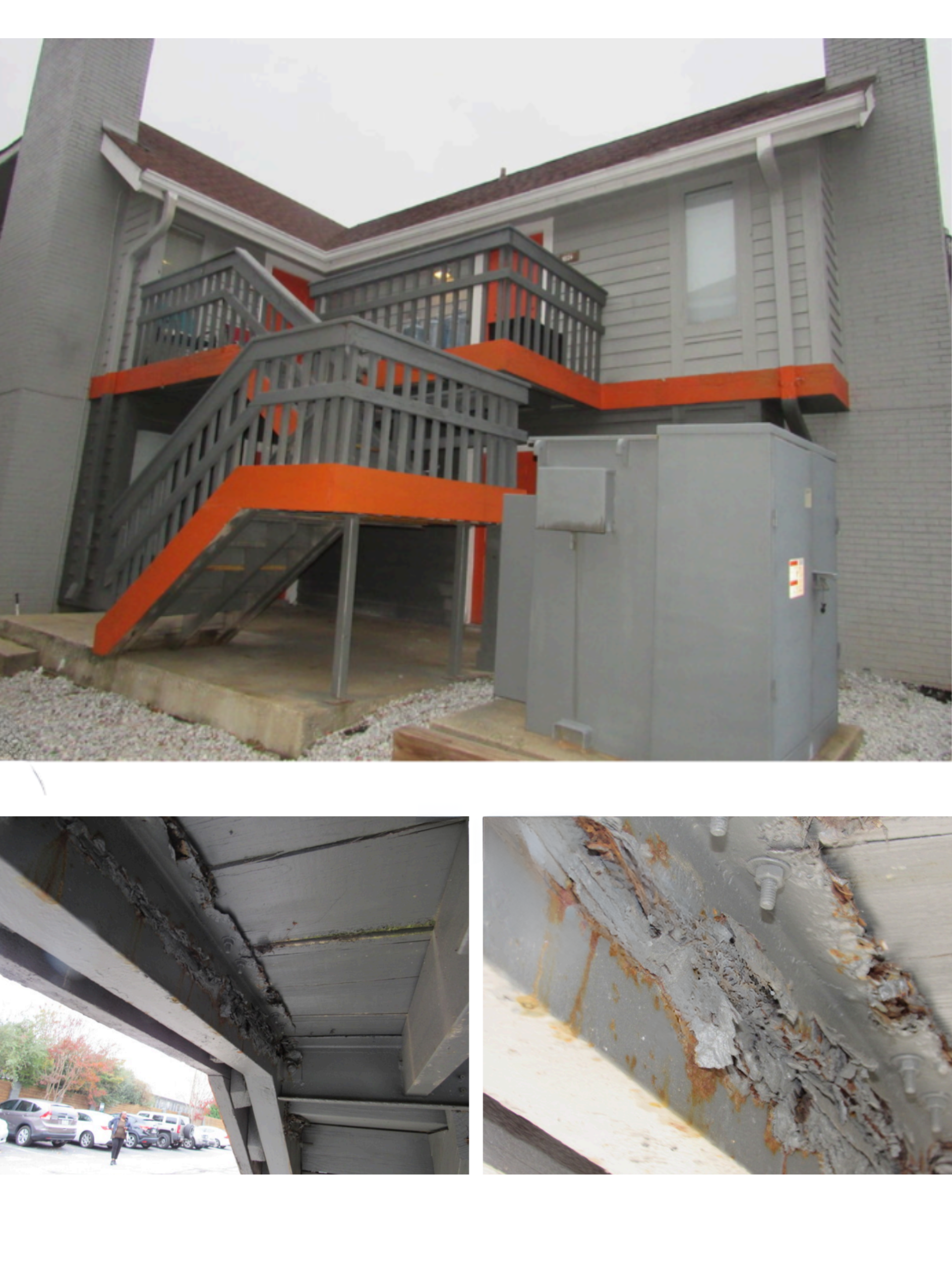 Gray apartment building with bright orange exterior stairs, plus close-ups of cracked and peeling concrete.