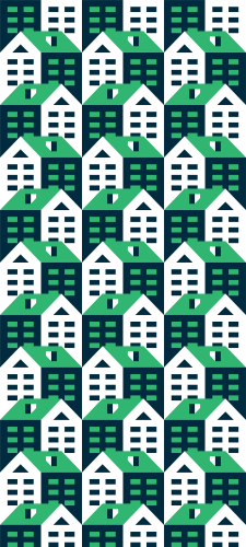 Geometric pattern of small white and teal houses on a dark green background