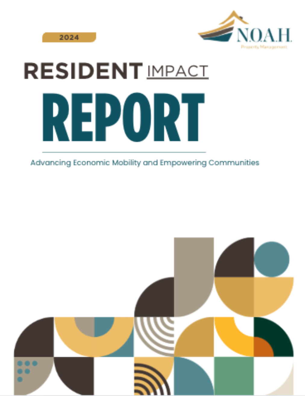 Cover of a 2024 Resident Impact Report by NOAH. Dark teal, tan, and geometric shapes on a white background.