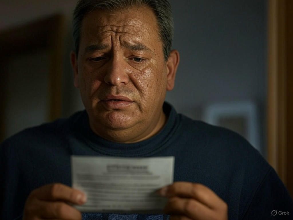 Man with concerned expression reading a document, likely indoors.