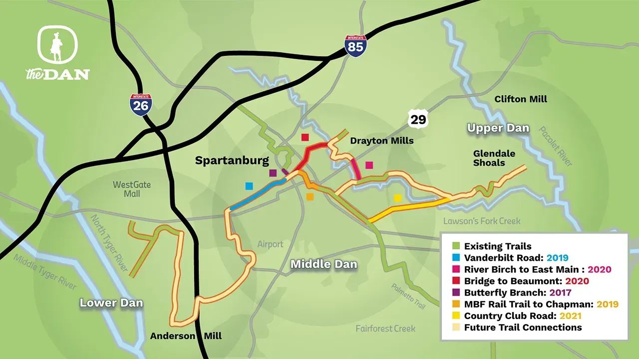Map of Spartanburg, SC, trails showing trail routes in various colors.