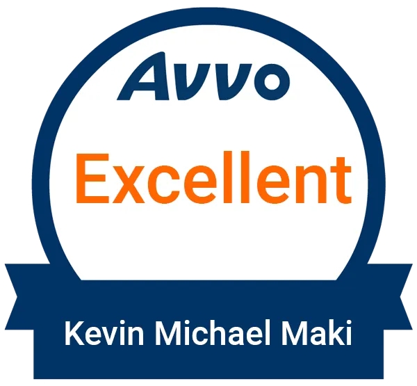 Avvo Excellent badge with Kevin Michael Maki name in blue and orange