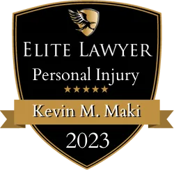Elite Lawyer Personal Injury award badge for Kevin M. Maki, 2023, black and gold shield