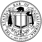 Black-and-white circular seal of the State Bar of California with scales and a book.