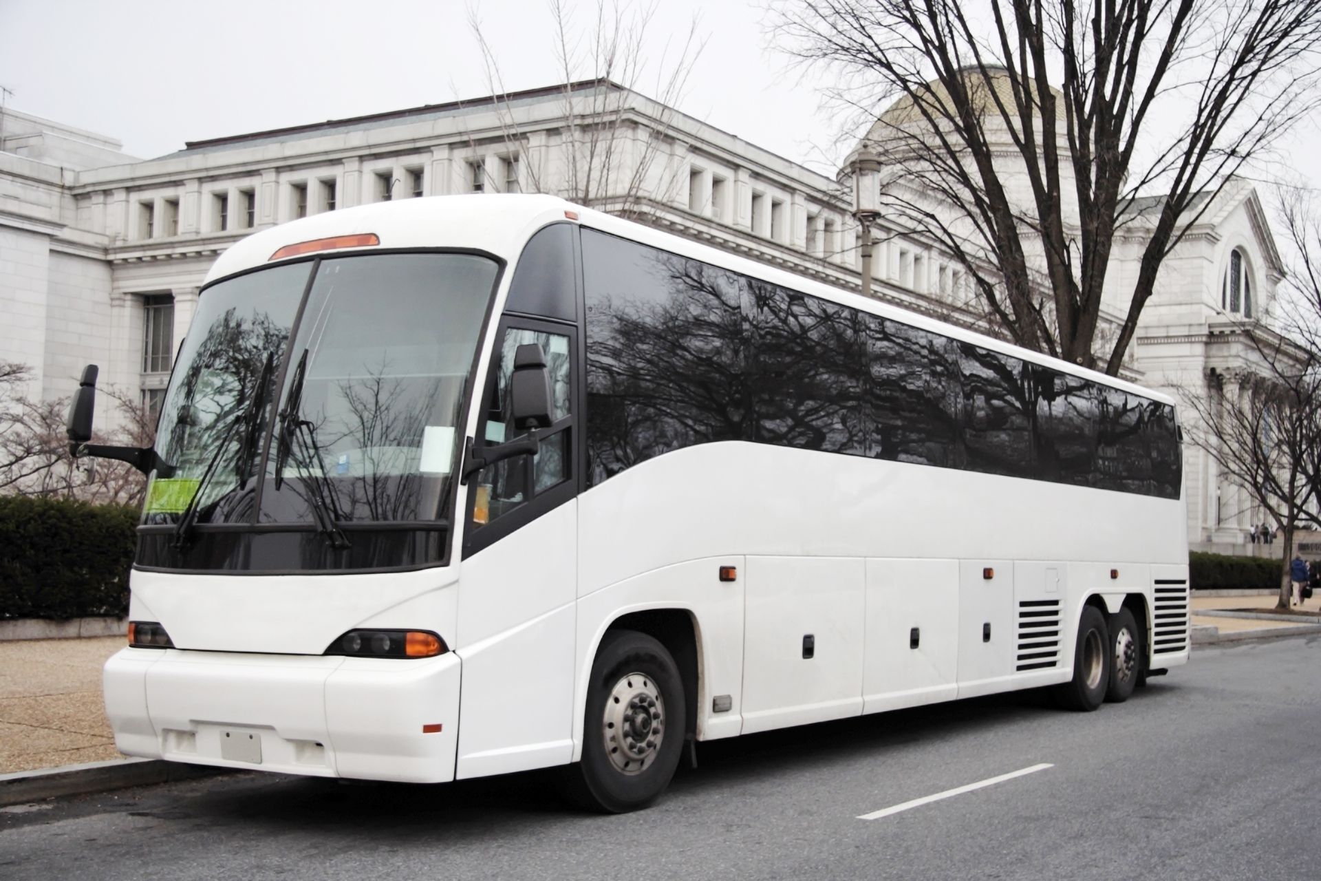 White coach bus parked on a street in front of a large building and bare trees