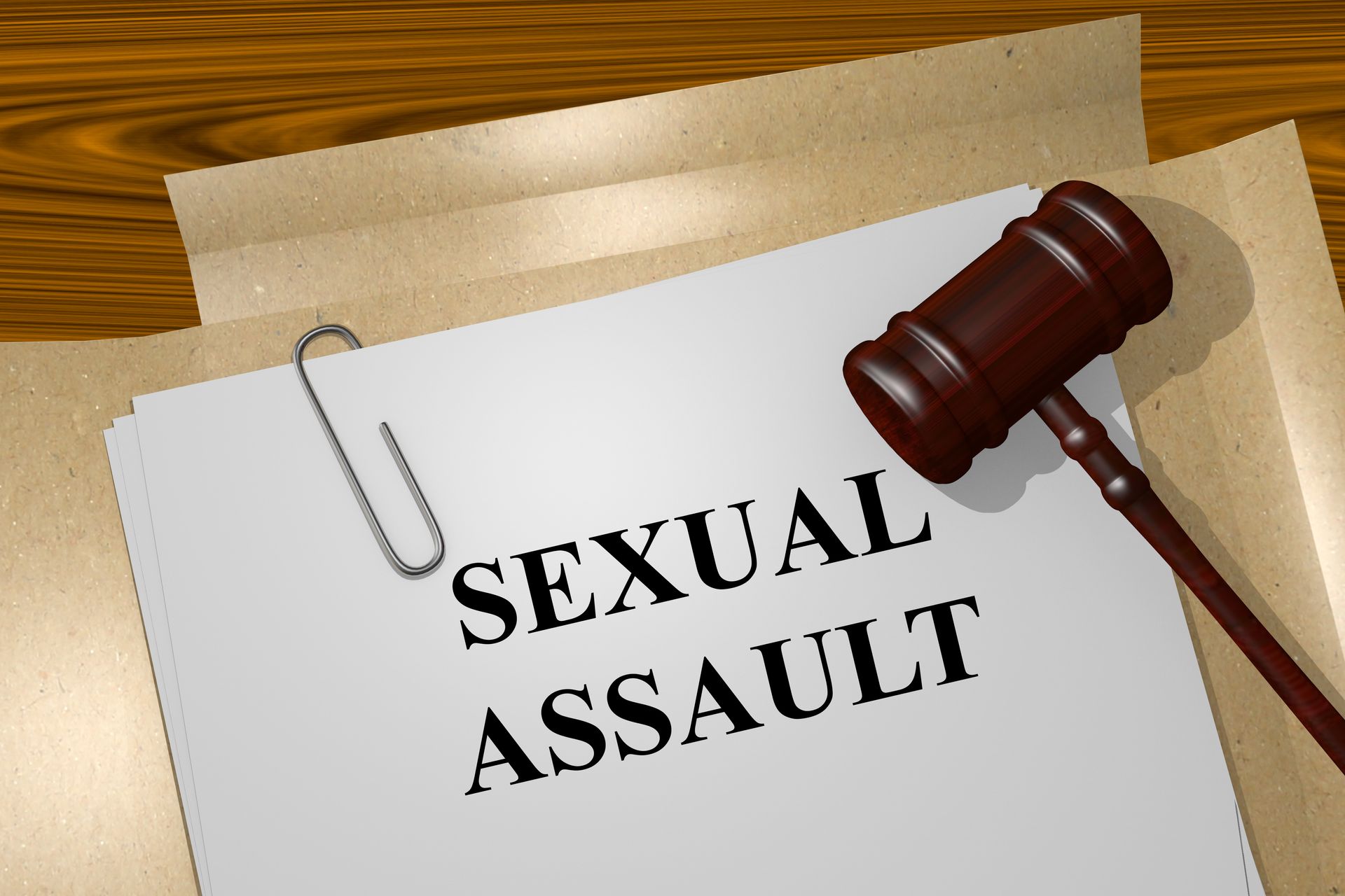 Child sexual assault legal document with judge gavel and papers on desk representing case.