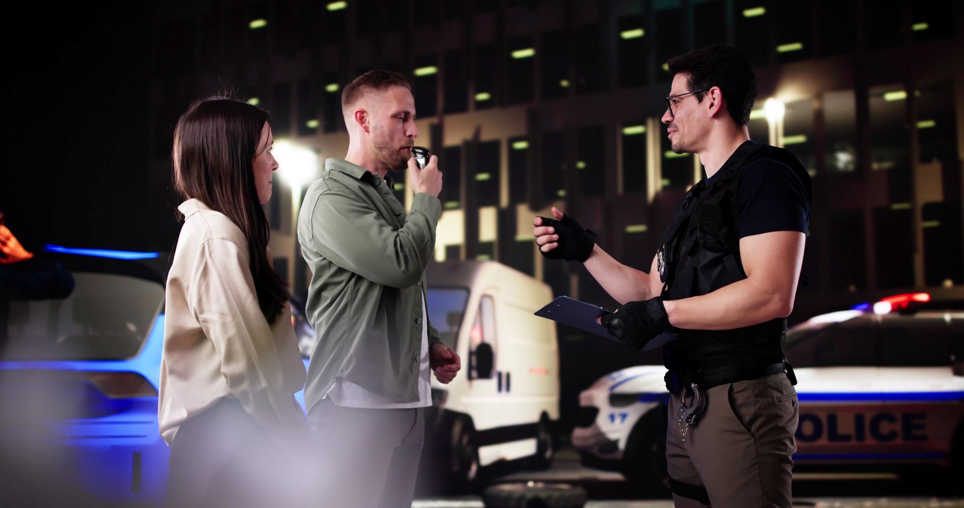 Driver takes a breathalyzer test during a nighttime OWI traffic stop in Wisconsin Driver takes a breathalyzer test during a nighttime OWI traffic stop in Wisconsin