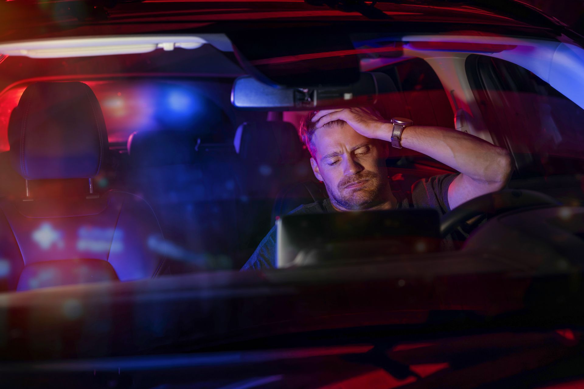 A man in his car has been pulled over by police. A man in his car has been pulled over by police.