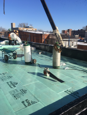 A green roof with a crane in the background