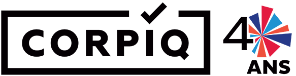 A logo for corpiq 4 ans with a check mark and a flower.