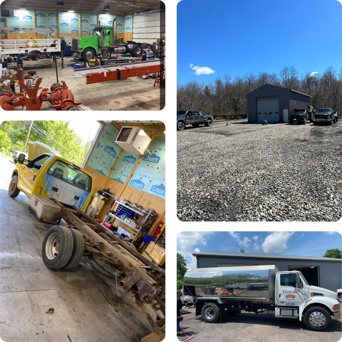 Four images: a workshop with tools and equipment, a building with vehicles, a truck frame, and a fuel truck.