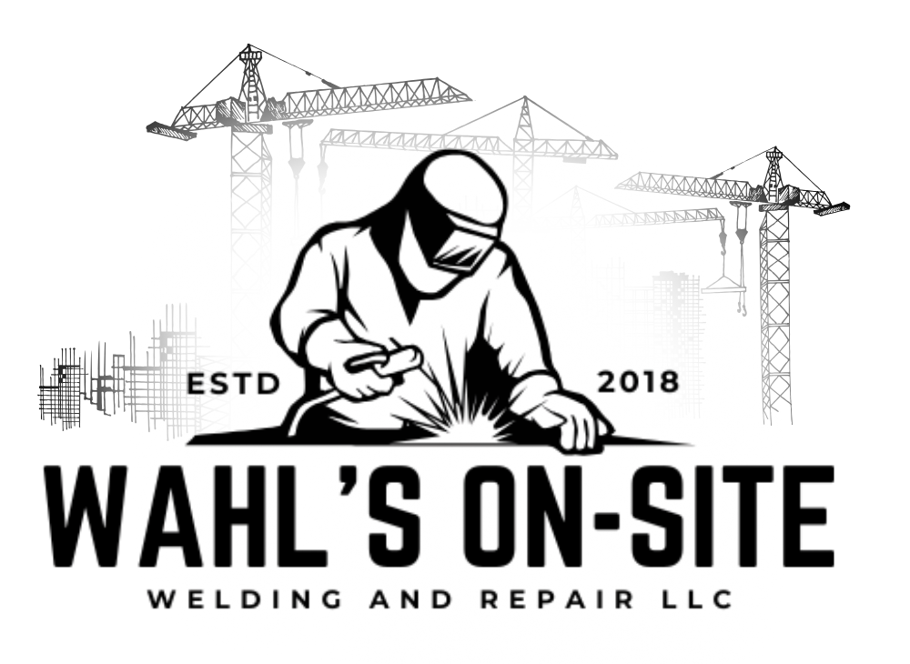 Welder at work, Wahl's On-Site Welding & Repair LLC logo. Crane backdrop, established 2018.