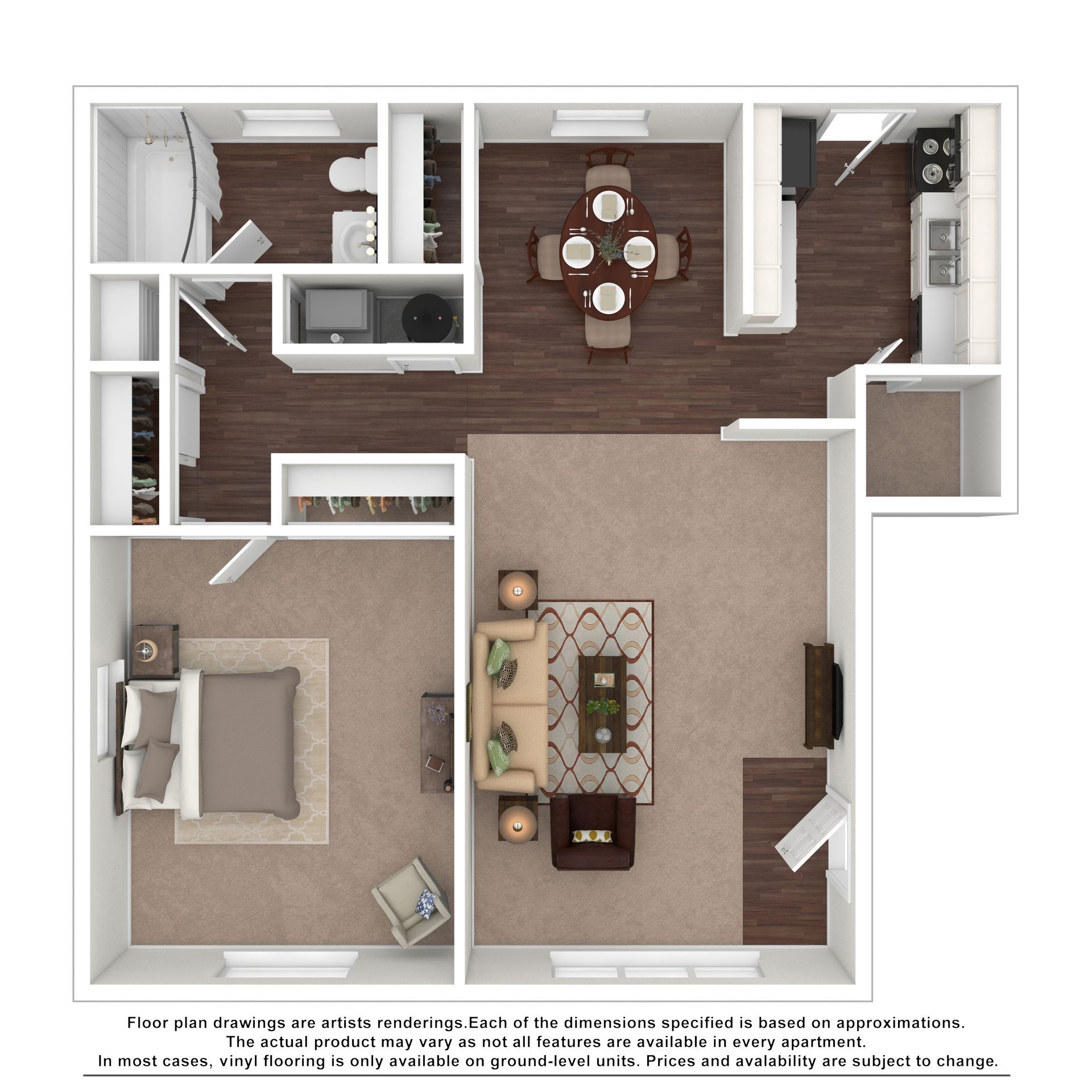 Floor plan of a one-bedroom apartment with a living area, kitchen, dining space, bathroom, and closet.