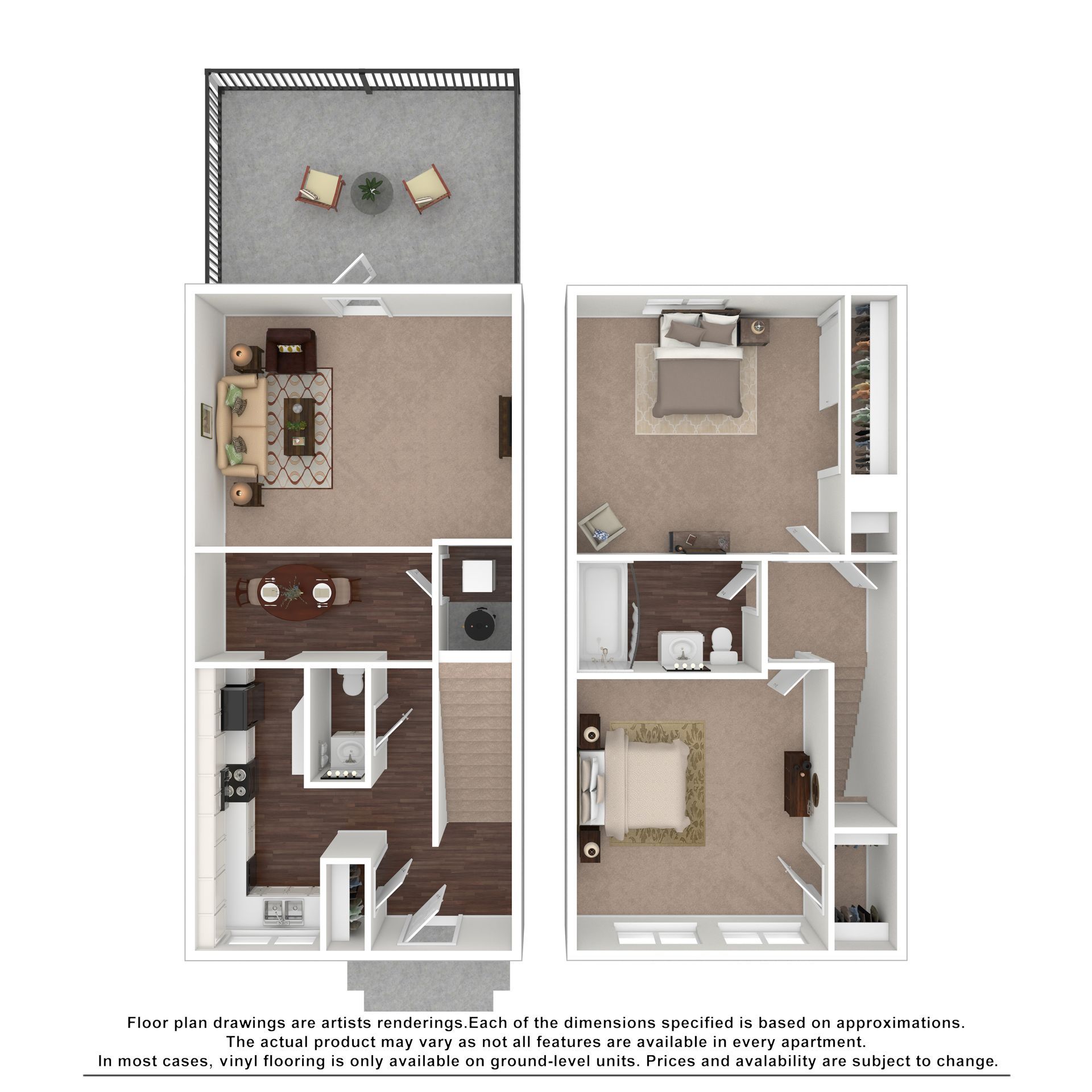 Two-story apartment floor plan showing ground-level living, dining, and kitchen areas and an upper level with two bedrooms.