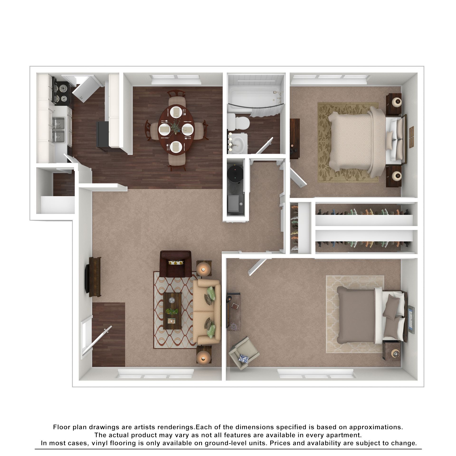 2D floor plan of a two-bedroom apartment with a living area, kitchen, dining space, two bathrooms, and walk-in closets.