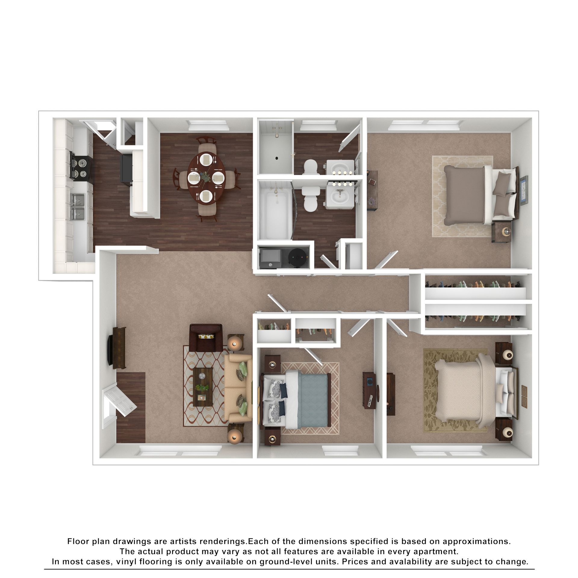 Top-down 2D floor plan of a two-bedroom, two-bathroom apartment with a living room, dining area, and kitchen.