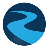 A stylized light blue, winding river path set against a solid dark blue circular background.