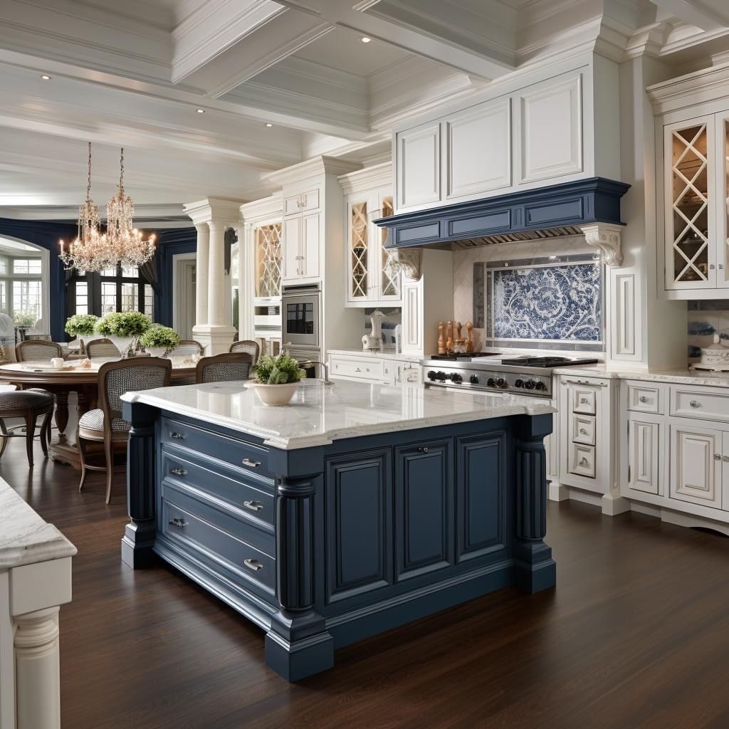 A luxurious kitchen with a large blue island, white cabinets, a detailed backsplash, and a dining area in the background.