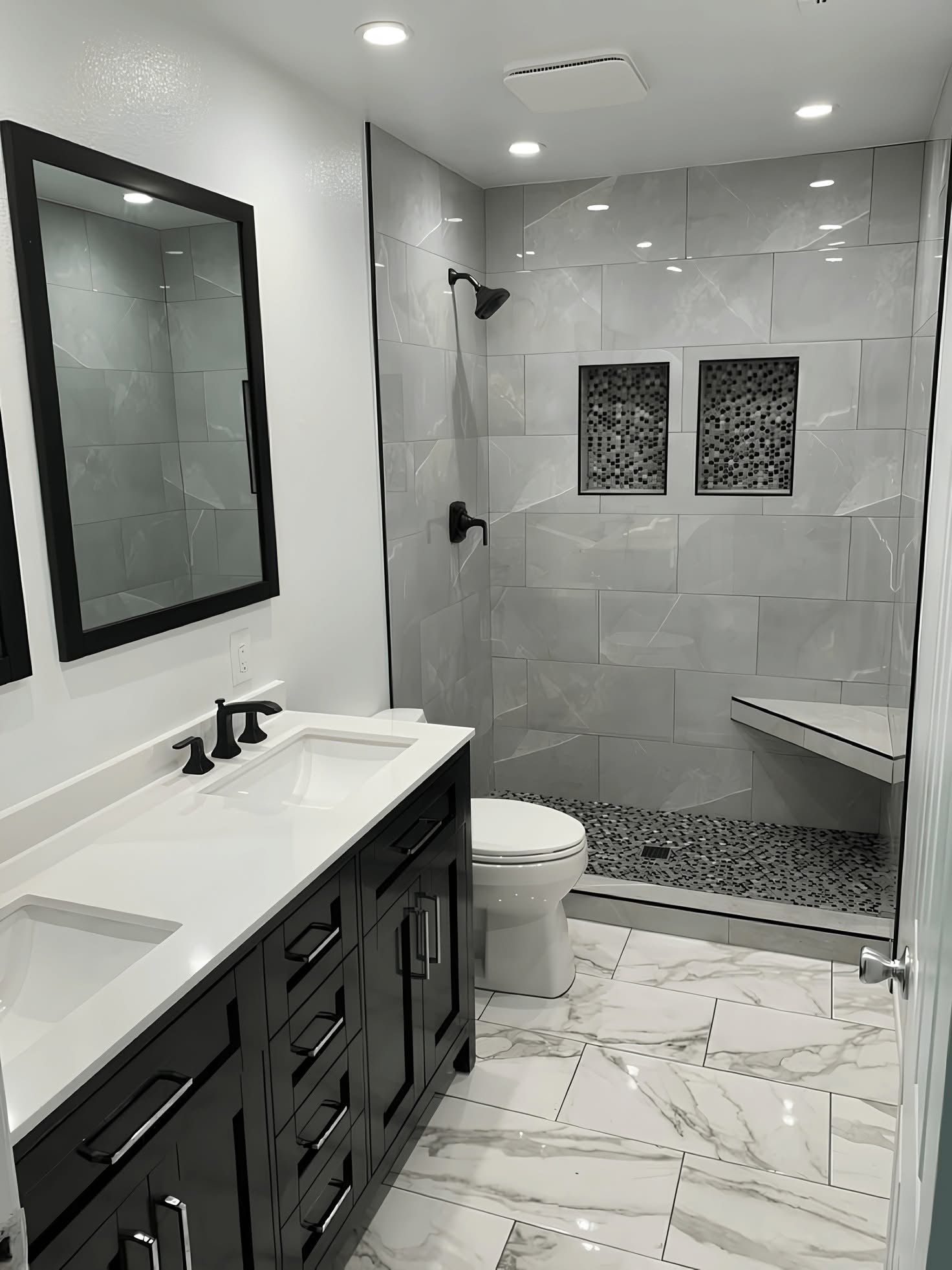 Modern bathroom with a dark wood vanity, white marble-style floor, and a walk-in shower with grey tiles and a built-in bench.