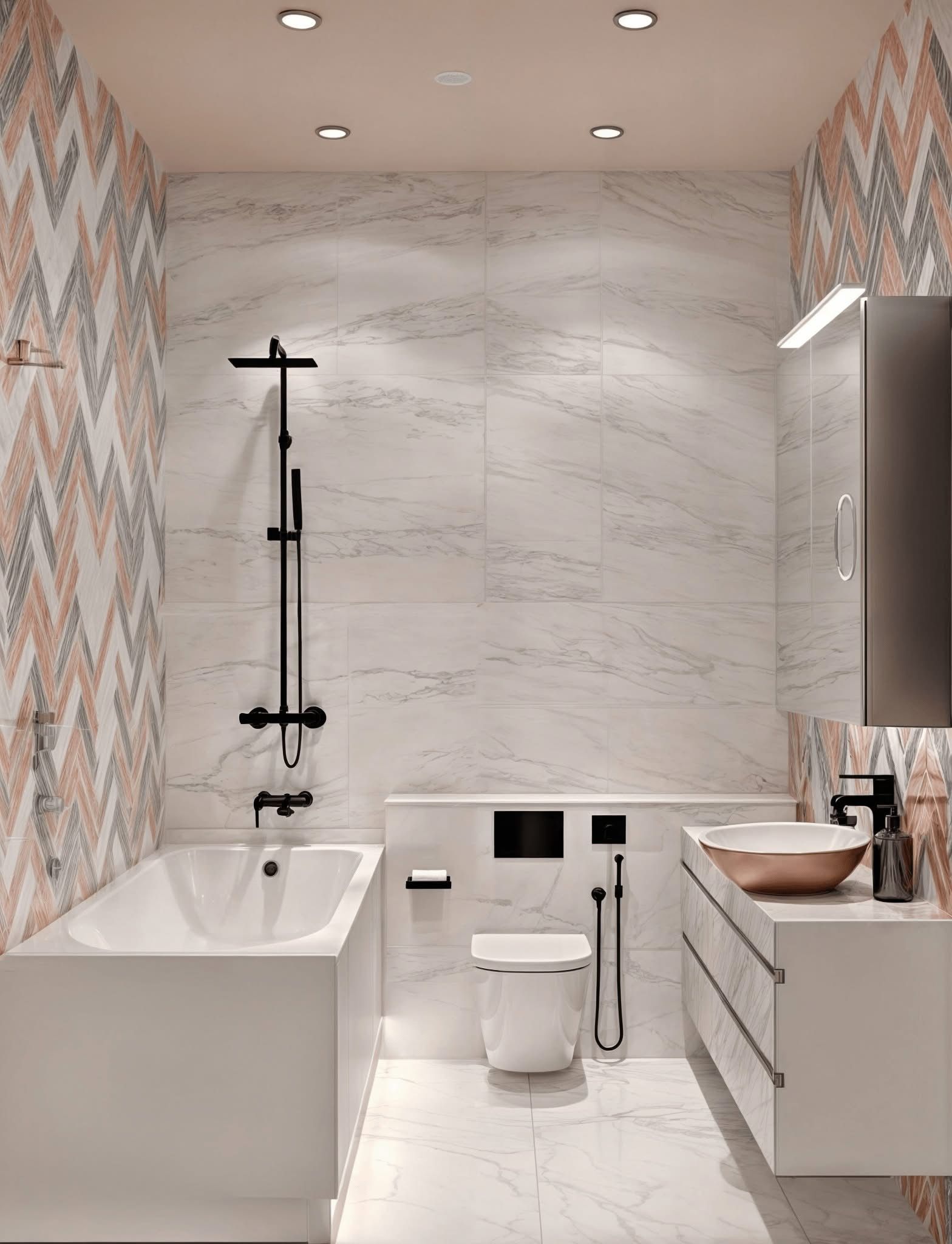 Modern bathroom with white marble-style walls, zig-zag patterned side tiles, a bathtub, wall-hung toilet, and vanity sink.