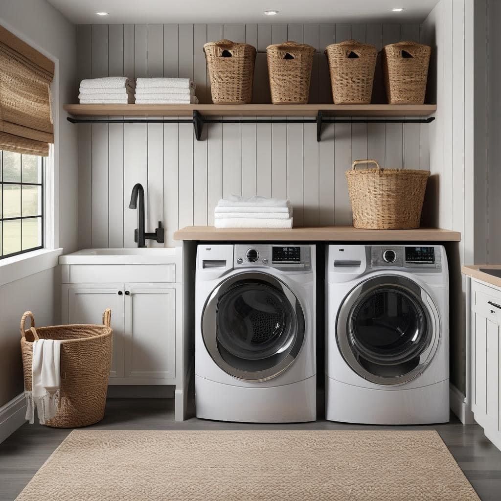 A bright laundry room with two white washing machines, a sink, a wooden counter, open shelving, and woven storage baskets.