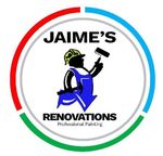 Logo for Jaime's Renovations featuring a worker in a blue jumpsuit and yellow hard hat holding a paint roller and hammer.