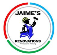 Logo for Jaime's Renovations featuring a worker in a blue jumpsuit and yellow hard hat holding a paint roller and hammer.