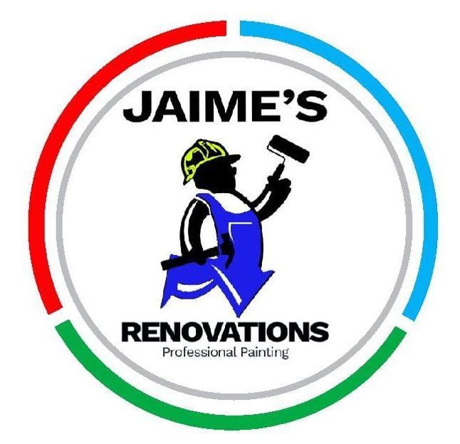Logo for Jaime's Renovations featuring a worker in a blue jumpsuit and yellow hard hat holding a paint roller and hammer.