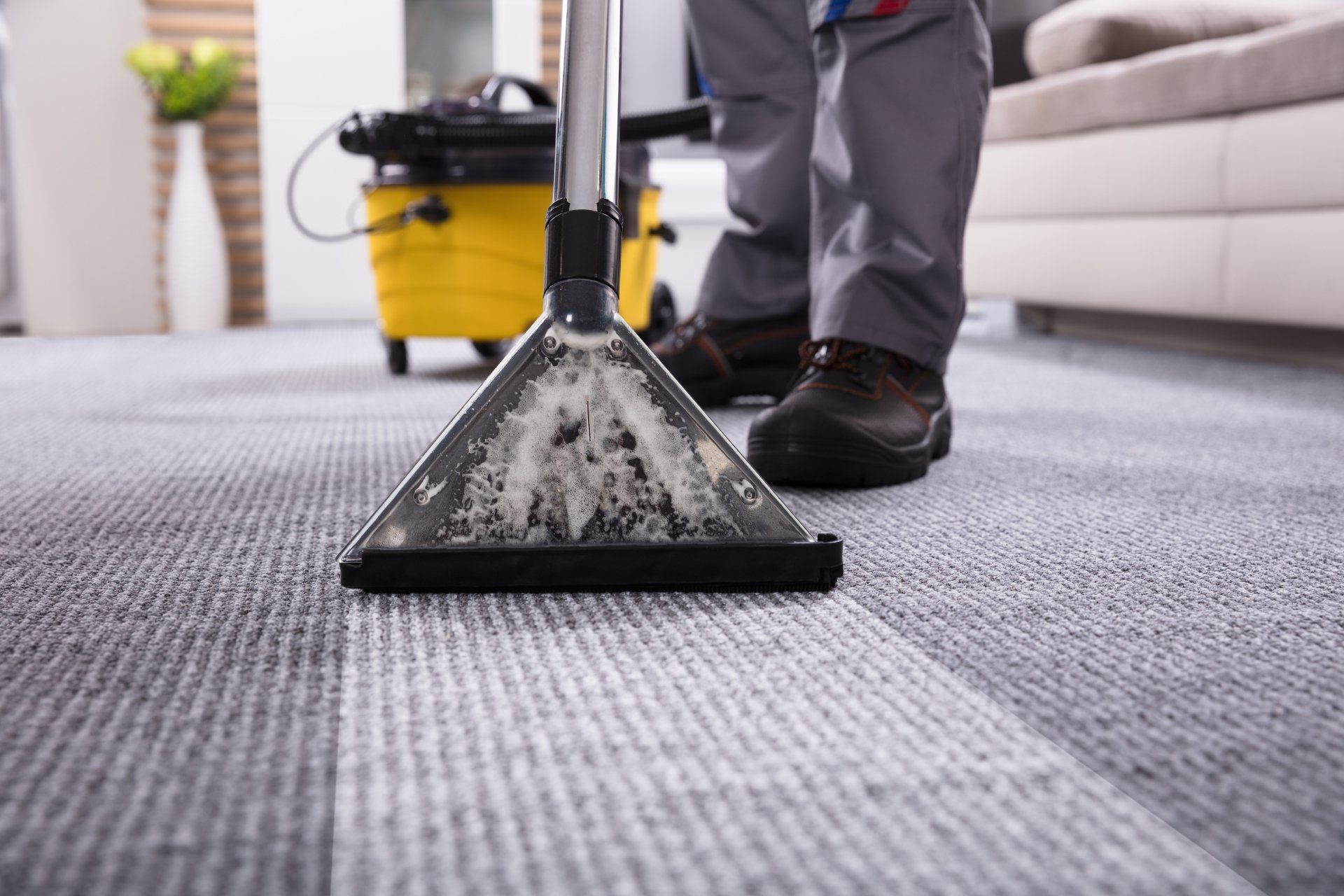 Low Section Of A Person Cleaning The Carpet With Vacuum Cleaner In Living Room