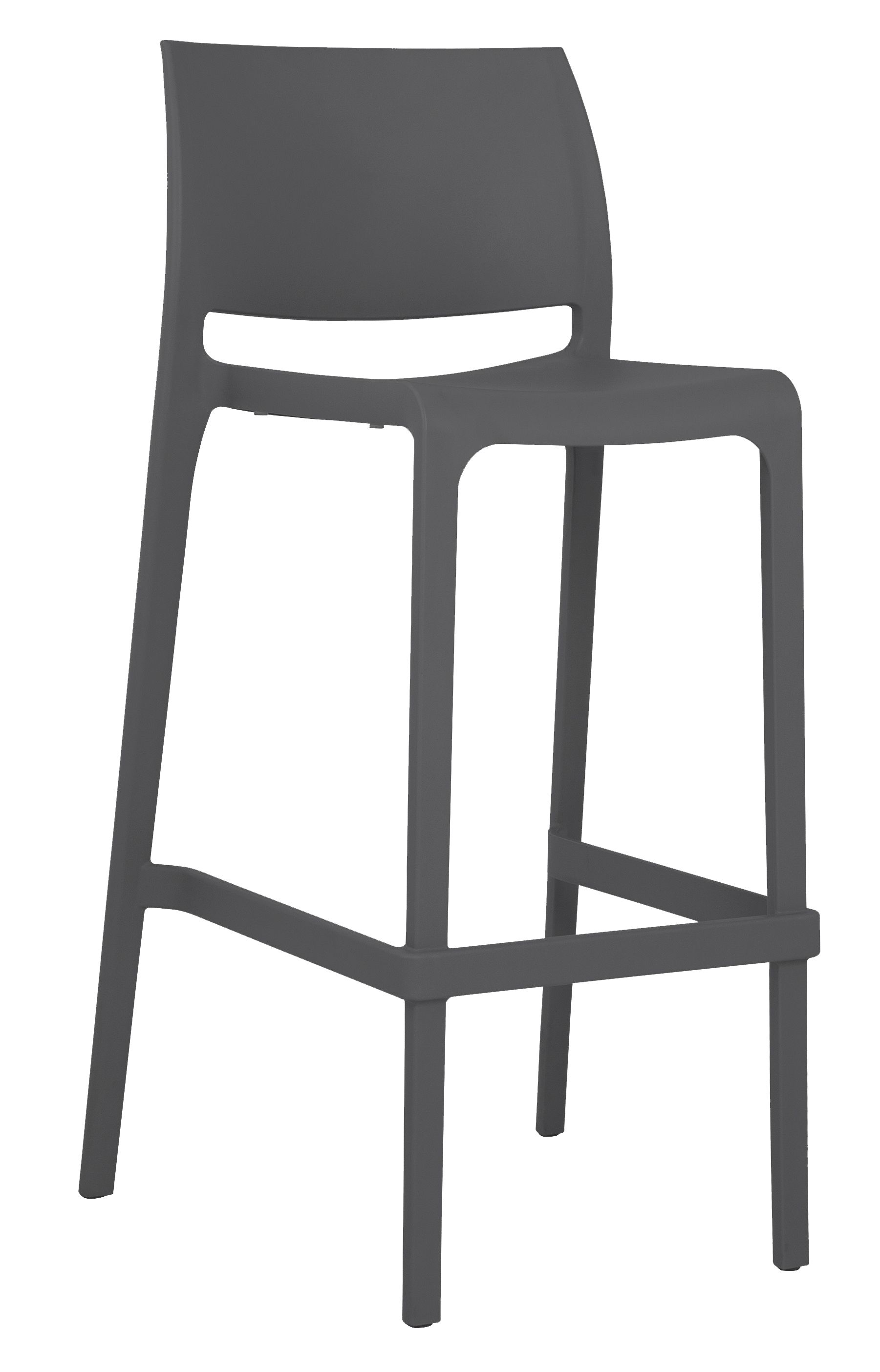 Un taburete de bar de plástico azul sobre un fondo blanco.