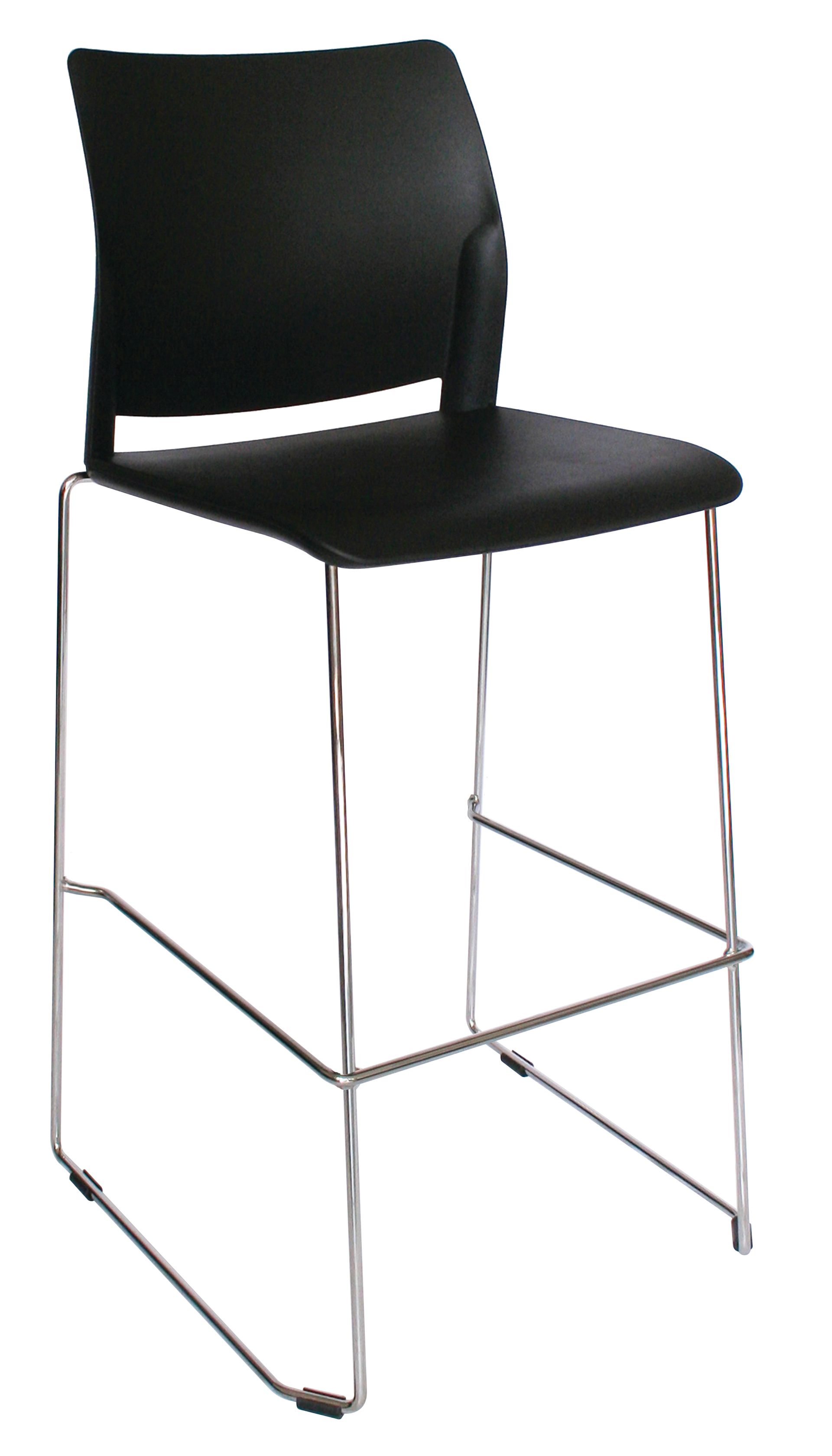 Un taburete de bar negro con patas cromadas sobre un fondo blanco.