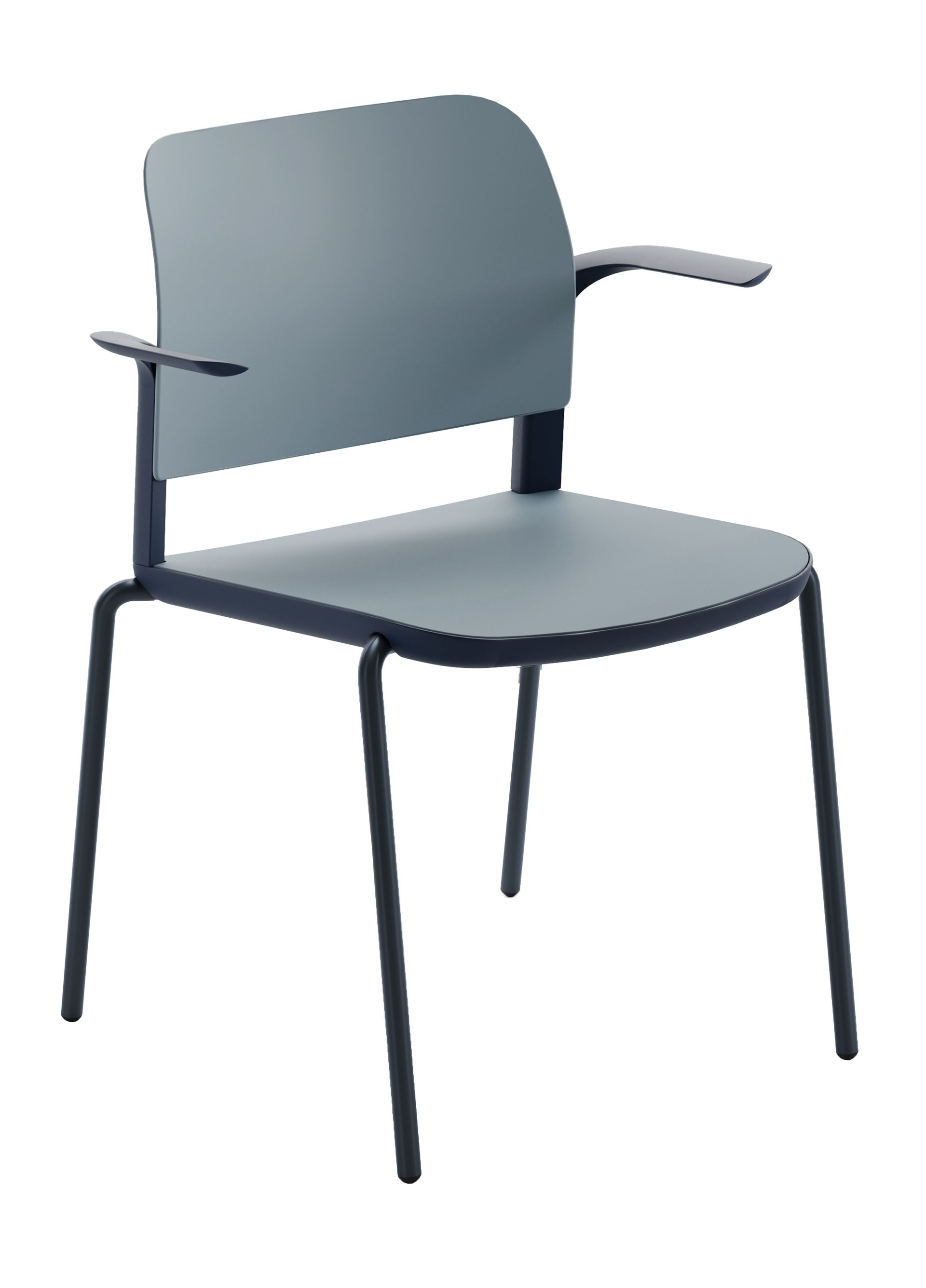 Una silla gris con patas y reposabrazos negros sobre un fondo blanco.