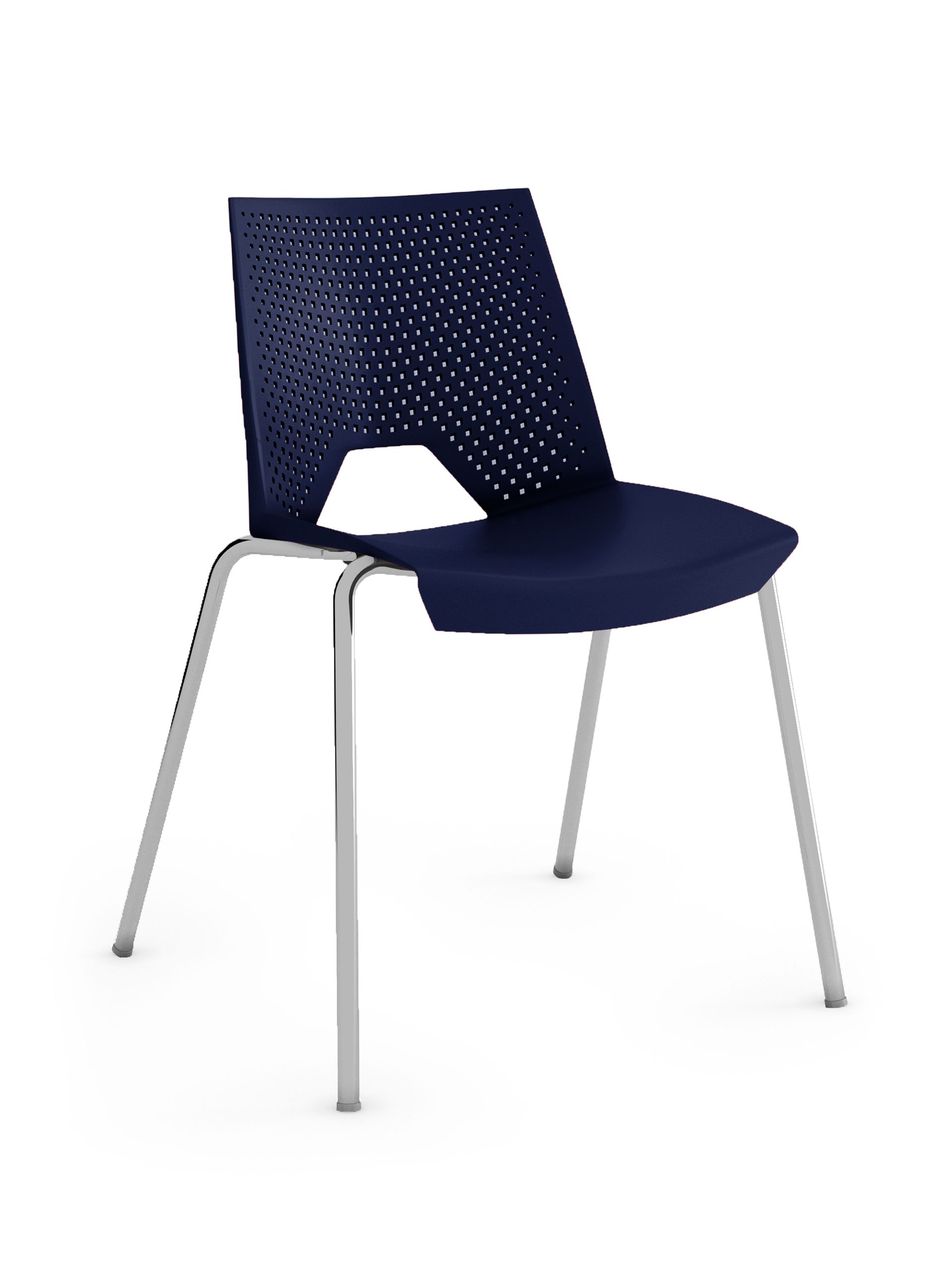 Una silla de plástico azul con patas cromadas sobre un fondo blanco.