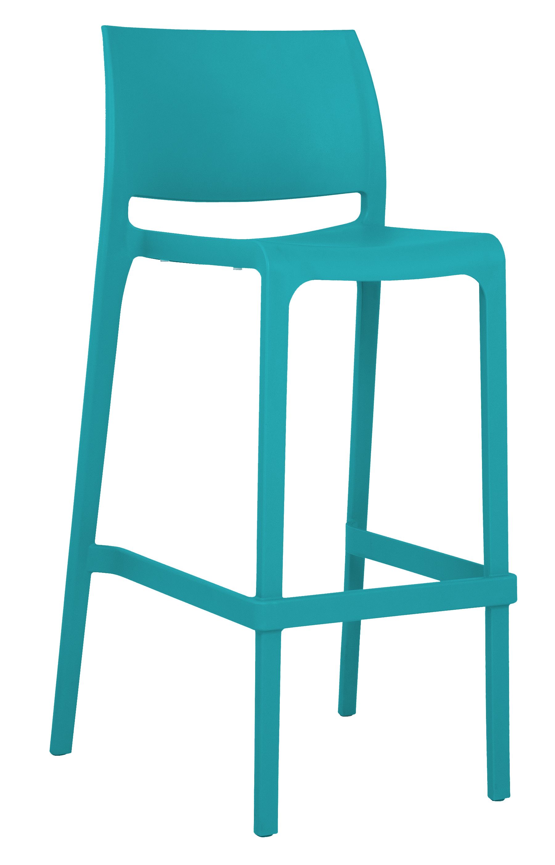 Un taburete de bar de plástico azul sobre un fondo blanco.