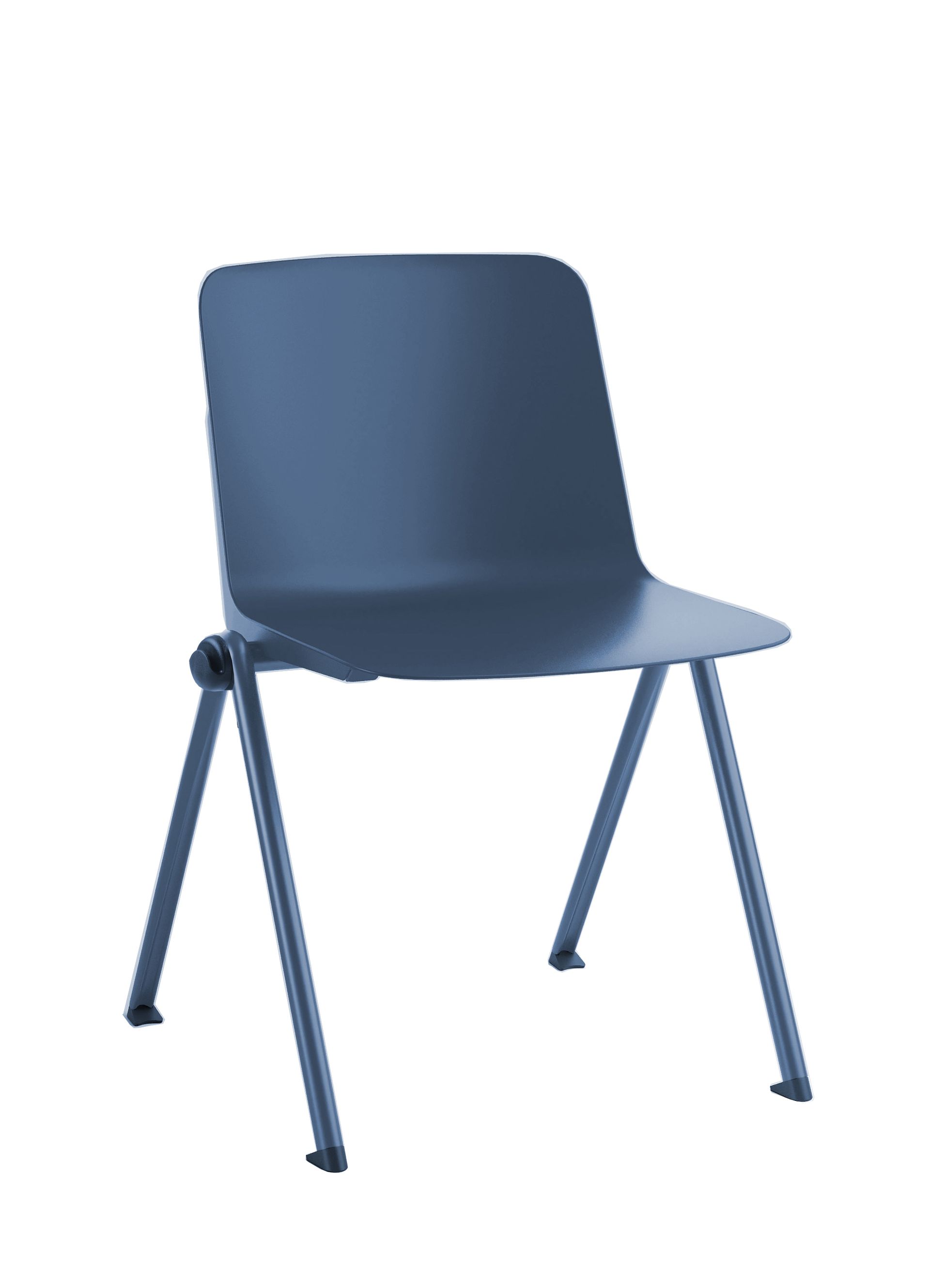 Una silla azul con patas de metal sobre un fondo blanco.