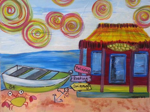 A painting of a hut on the beach with a boat and a crab.