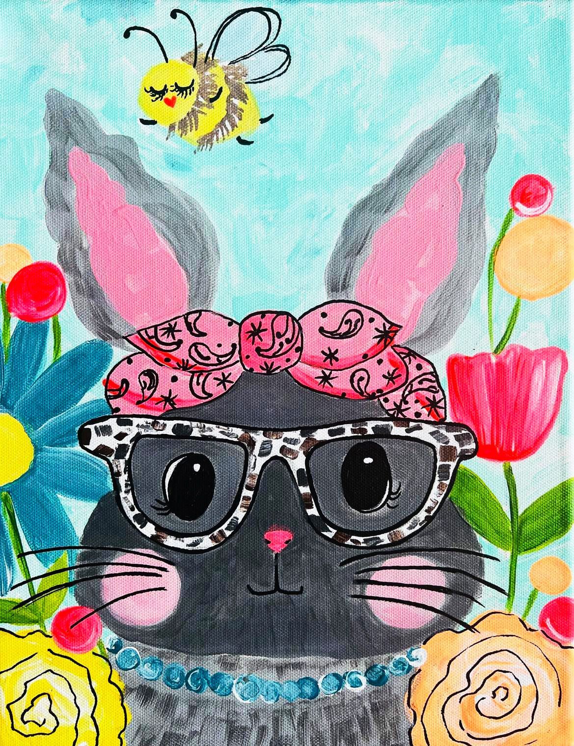 A painting of a bunny wearing sunglasses and a bow