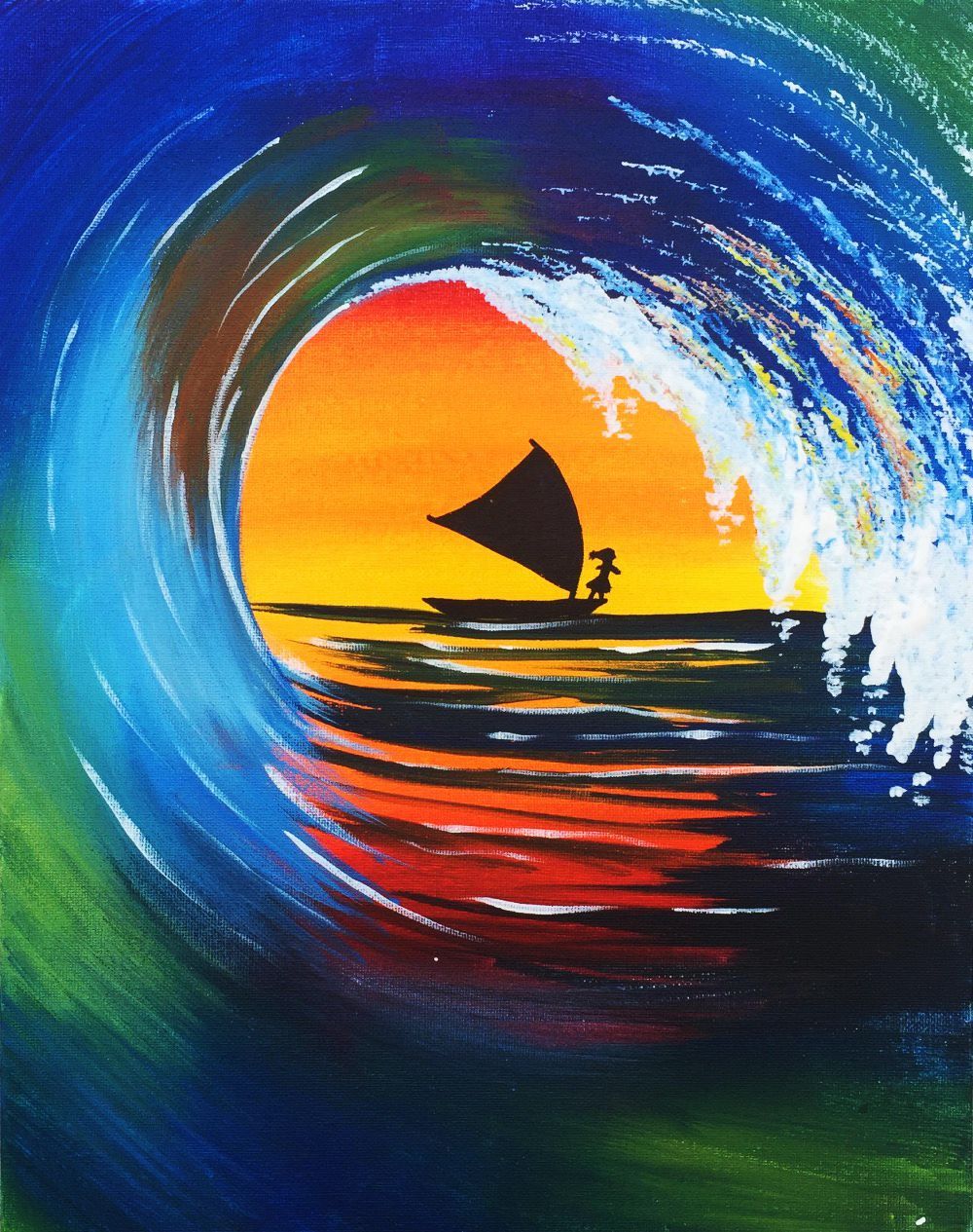 A painting of a sailboat in the ocean at sunset