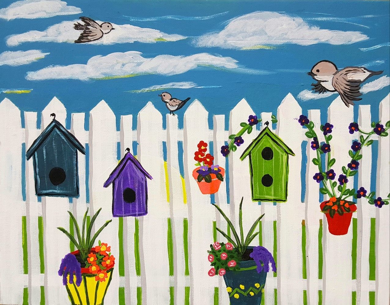 A painting of a white picket fence with bird houses and potted plants
