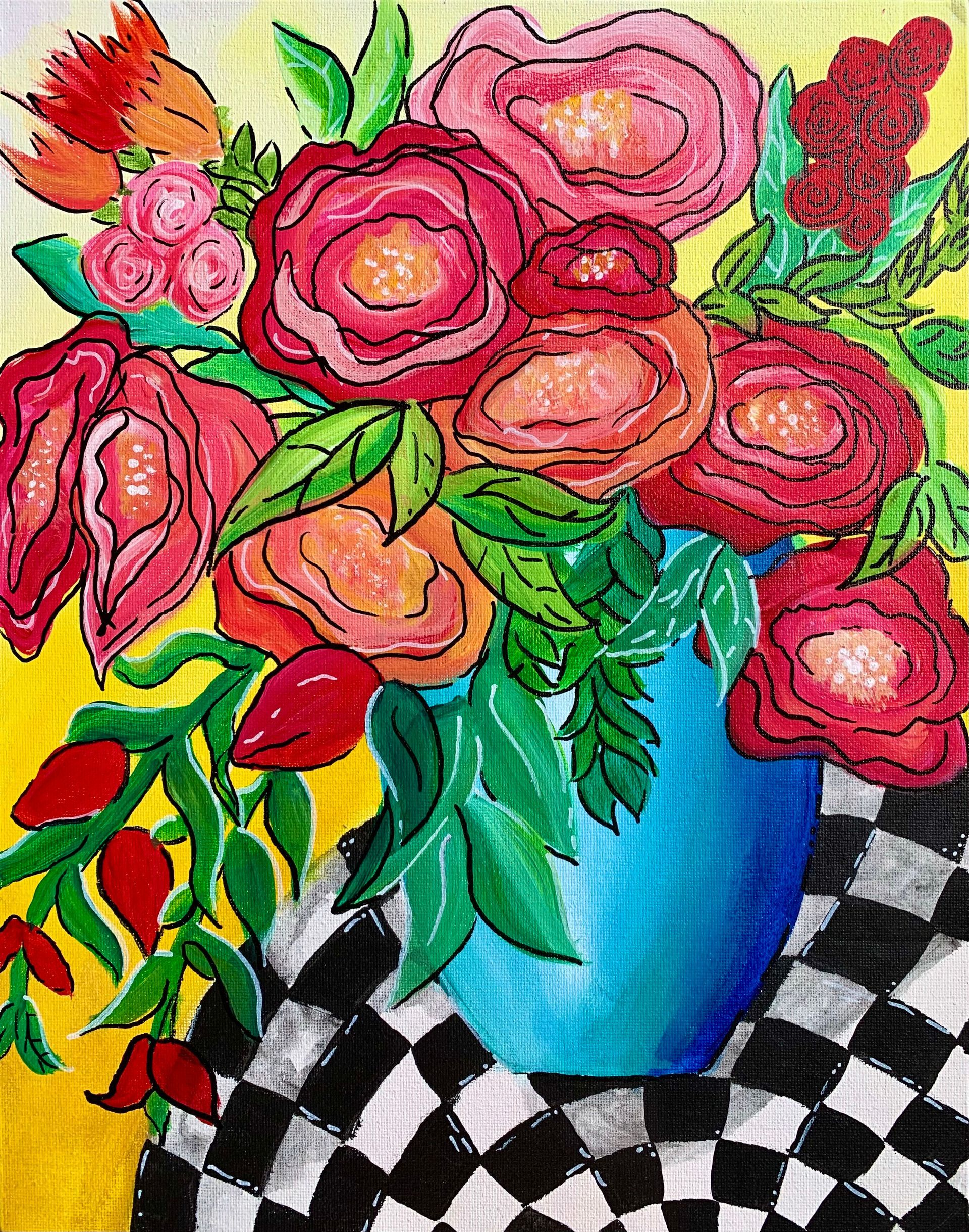 A painting of flowers in a blue vase on a checkered table cloth.
