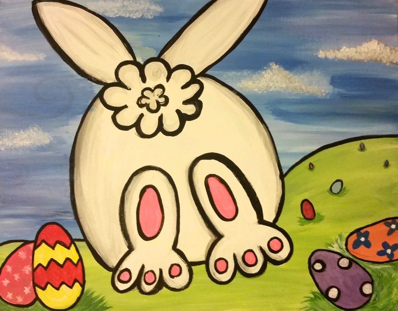 A painting of an easter bunny with eggs in the background