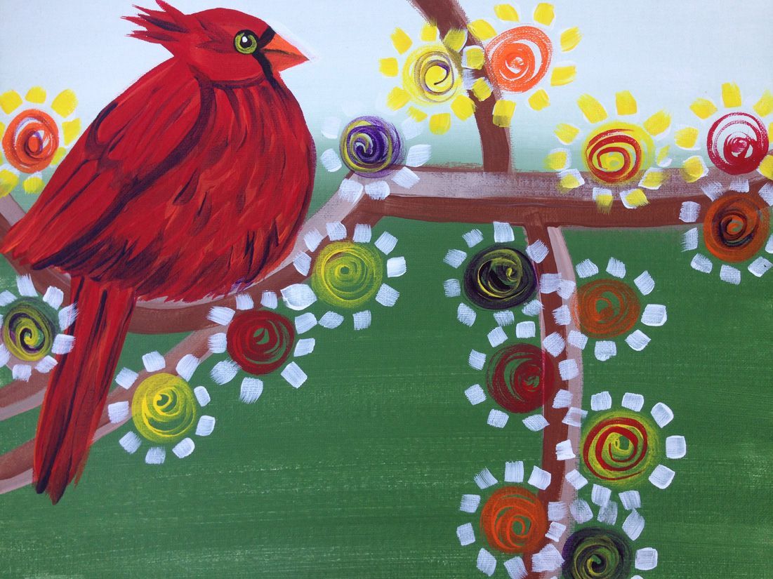 A painting of a red bird sitting on a tree branch