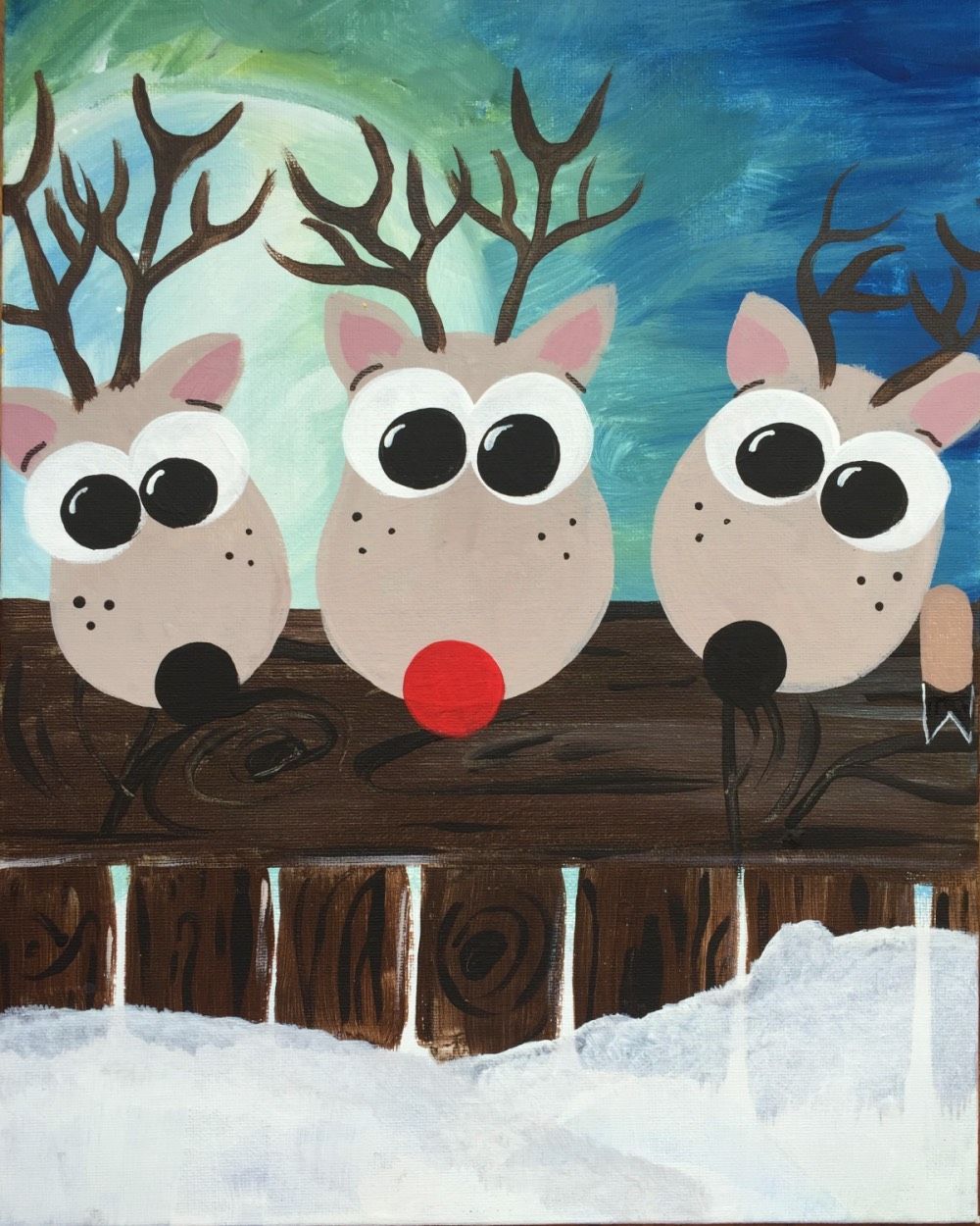 A painting of three reindeer with big eyes and a red nose