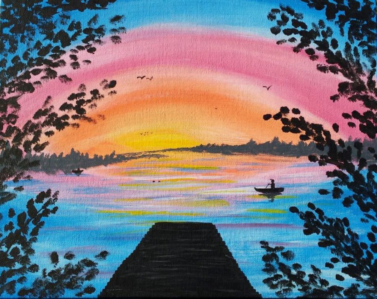 A painting of a sunset over a lake with a dock in the foreground