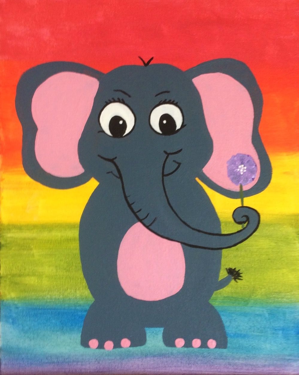 A drawing of an elephant holding a dandelion on a rainbow background