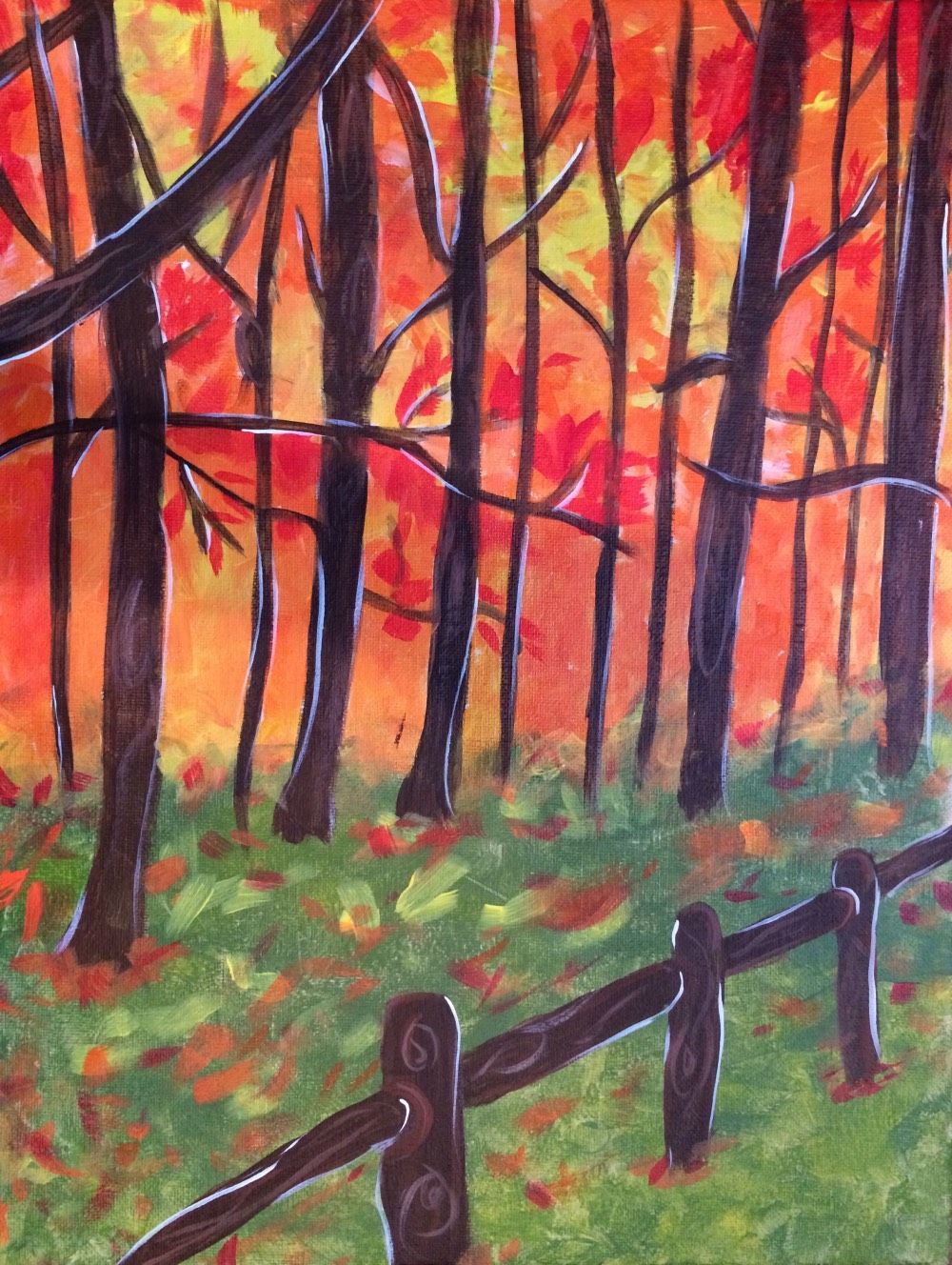 A painting of a forest with a wooden fence in the foreground.