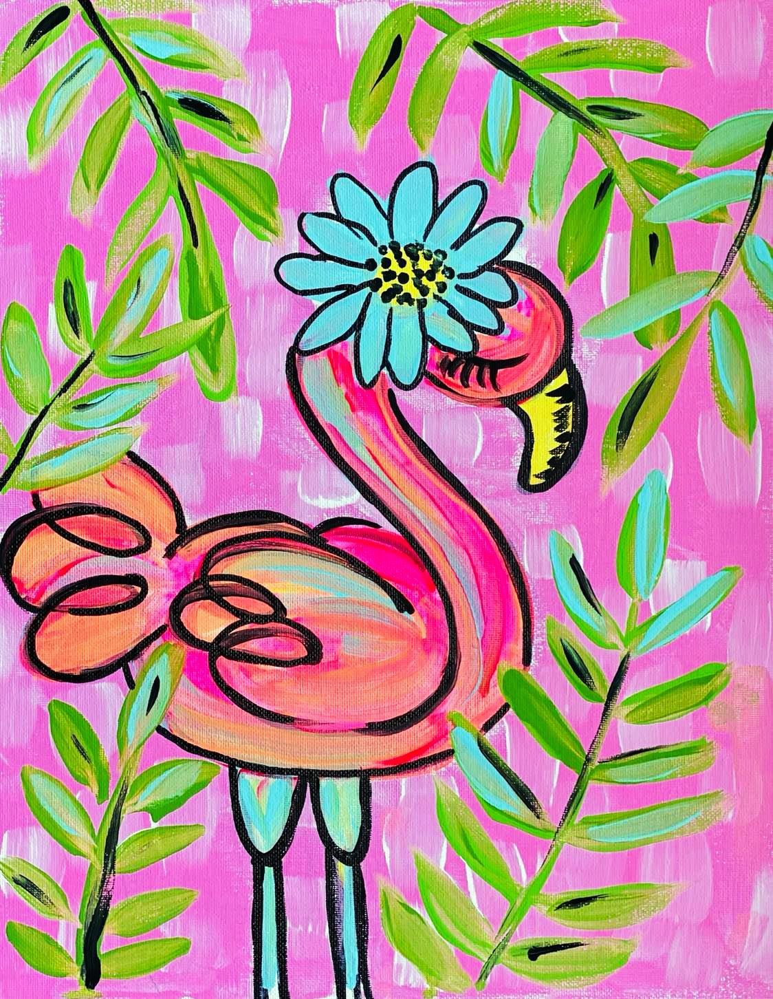 A painting of a flamingo with a flower on its head.