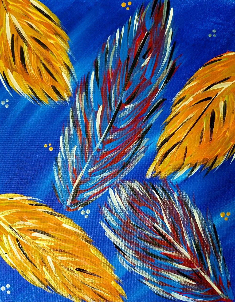 A painting of colorful feathers on a blue background