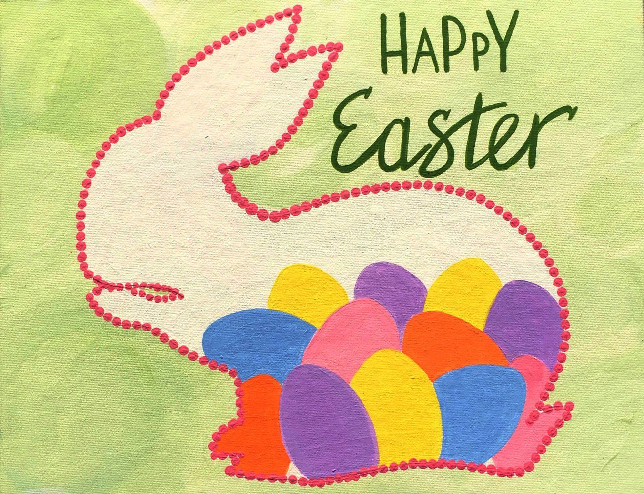 A happy easter card with a bunny and eggs